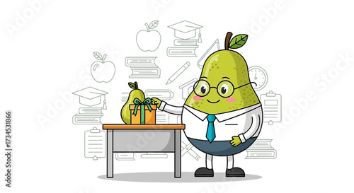 Smiling pear teacher character with glasses standing next to a desk holding a present and