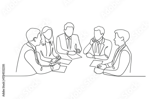 Business meeting discussion among colleagues in a simple line drawing
