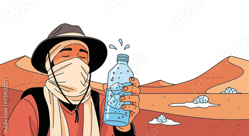 Thirsty traveler finds relief in the desert with cold water and ice during hot weather seeking