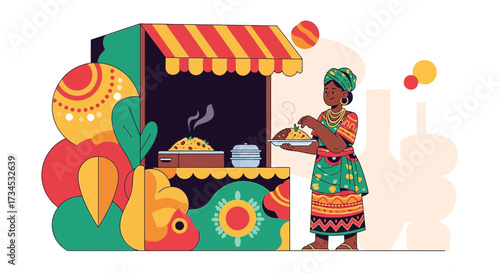 Vibrant illustration depicting a woman selling traditional food from a colorful street food stall