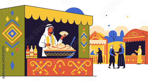 Vibrant illustration of a Middle Eastern market fair featuring local food and traditions