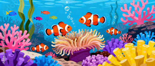 Colorful Reef with Clownfish Vector Art