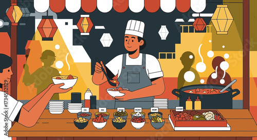 Vibrant street food stall scene featuring a friendly chef serving delicious noodle soup