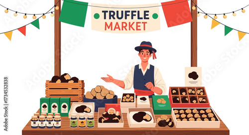 Vibrant truffle market scene with a vendor and array of truffle products displayed aesthetically