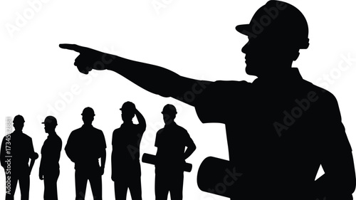 Silhouette of construction manager pointing, workers standing, teamwork supervision illustration, site foreman, project leader giving directions, construction planning team, builder crew silhouette
