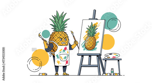 Whimsical pineapple artist creating its self portrait on canvas with vivid colors