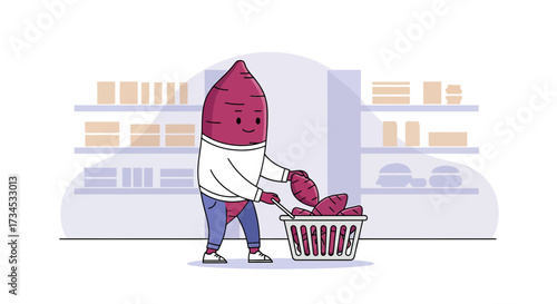 Whimsical sweet potato character shops for sweet potatoes in a grocery store setting