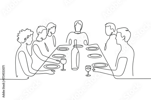 Sketch of people gathered around a dinner table with wine