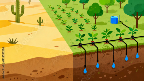 Desert Greening Drip Irrigation Vector Art
