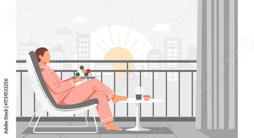 Woman enjoying a peaceful breakfast on her apartment balcony with city views and sunlight morning