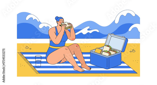 Woman enjoying a picnic lunch at the beach with sandwiches and refreshments, a summer illustration