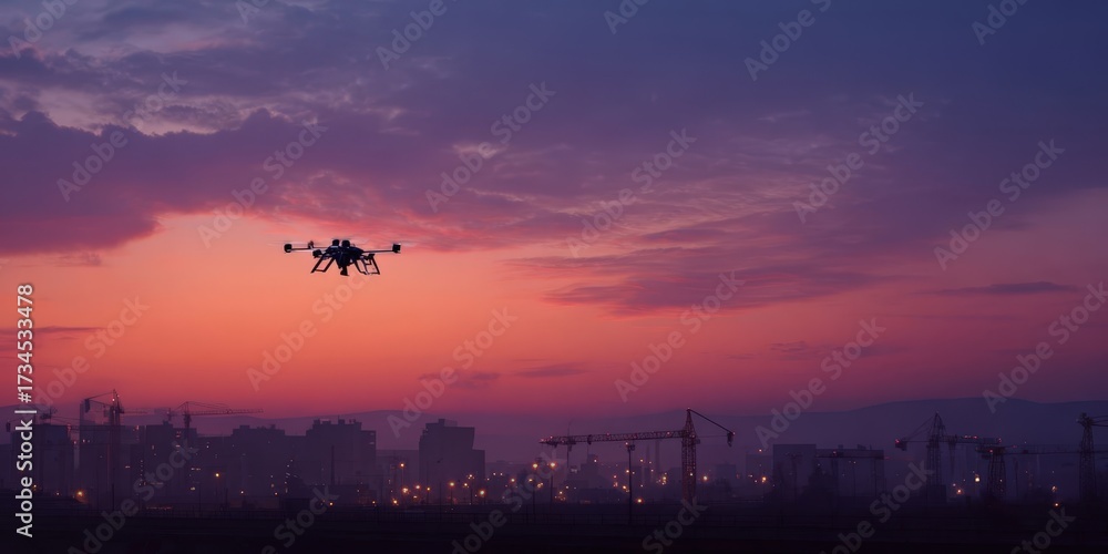 Obraz premium Silhouette of a Flying Machine over Industrial Cityscape at Sunset