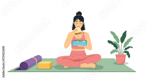 Young woman enjoying a healthy meal after yoga practice at home for wellness concept