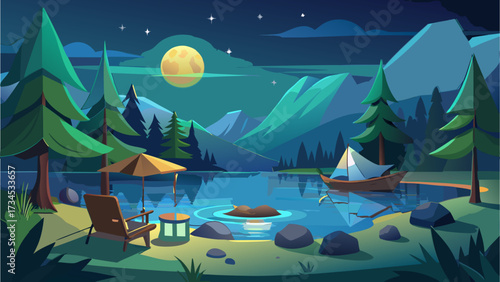 A calm lakeside scene under the starry night sky