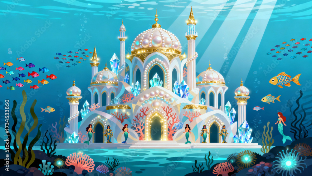 Obraz premium Fantasy Underwater Palace Fish Vector Art