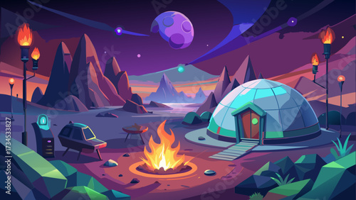 A sci-fi campsite on an alien planet under a glowing star-filled sky with two moons.