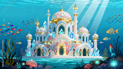 Fantasy Underwater Palace Fish Vector Art