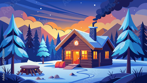 A snowy winter evening with a cozy wooden cabin glowing warmly from the windows.