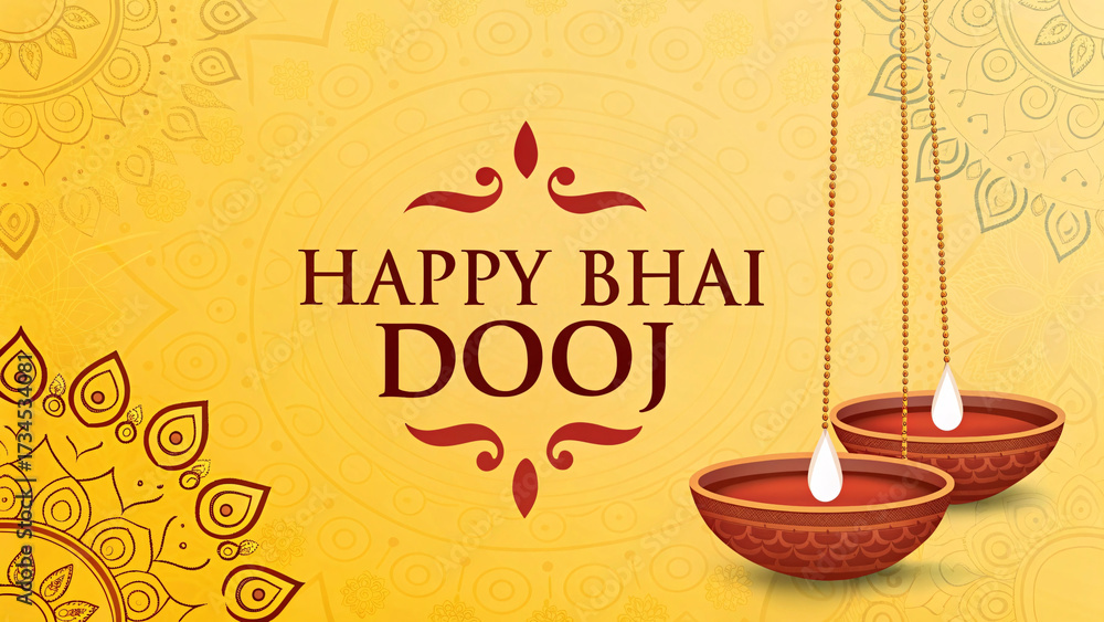 Naklejka premium Happy Bhai Dooj 2025 – Traditional Festival Greeting with Diyas and Yellow Background