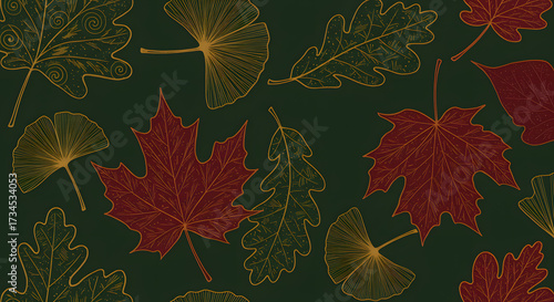 Elegant art deco autumn leaves. Stylized line-art of maple, oak, and ginkgo leaves with intricate geometric patterns inside. Luxurious motif in deep burgundy, burnt orange, and antique gold on a dark 