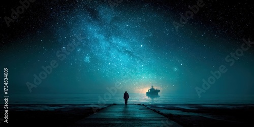 Silhouette of a Person Walking Toward a Ship on a Starry Ocean Night