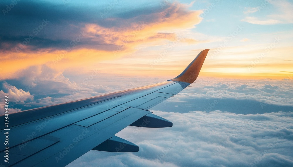 Obraz premium The image shows an airplane wing with the sunset and clouds visible from the window.