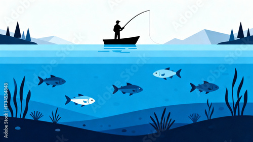 Fisherman Silhouette Lake Vector Art