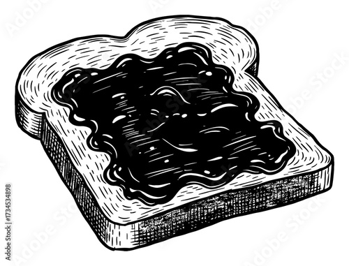 Breakfast Food Toast with Berry Jam on Top Vintage Black and White Outline Line Art Drawing