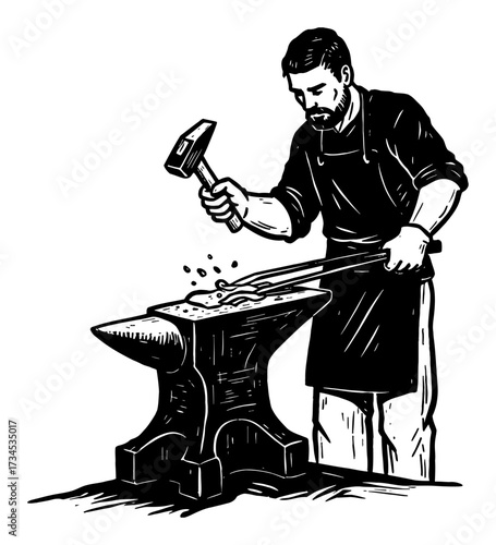 Blacksmith Working with Hammer on Anvil Black and White Outline Line Art Drawing Vintage Etching