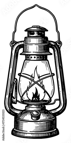 Vintage Kerosene Lantern with Fire Flame Black and White Outline Line Art Drawing Woodcut Style