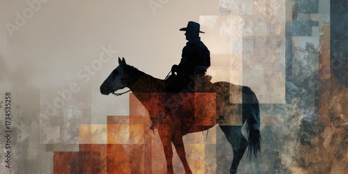 Silhouette of Cowboy on Horseback Against Abstract Collage Background