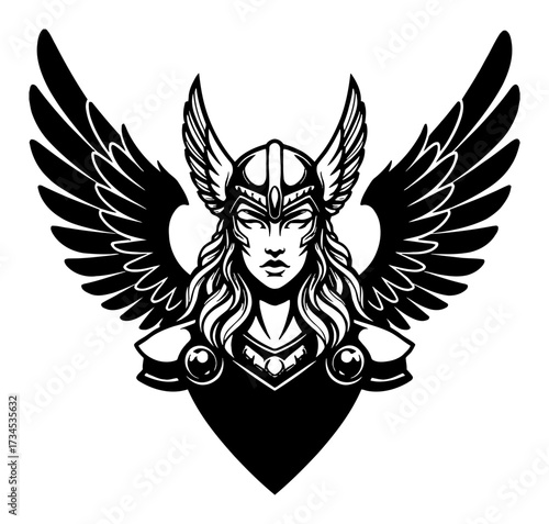 Beautiful Valkyrie with Horned Helmet and Wings Black and White Outline Line Art Drawing Logo Emblem