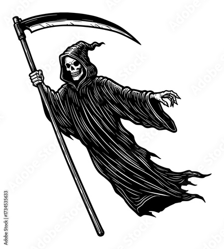 Scary Flying Grim Reaper Ghost with Hooded Robe Holding Scythe Vintage Black and White Outline Line Art Drawing