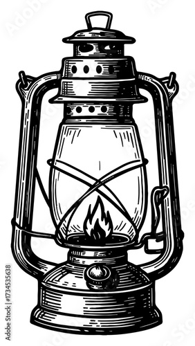 Vintage Kerosene Lantern with Small Fire Flame Light Black and White Outline Line Art Drawing