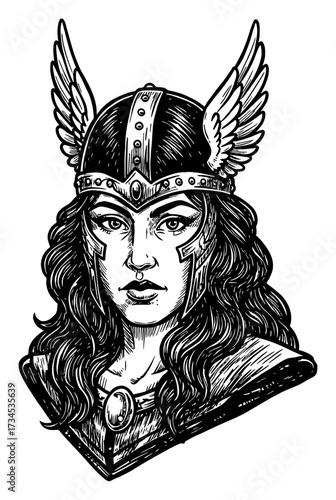 Beautiful Valkyrie Woman with Winged Helmet Portrait Black and White Outline Line Art Drawing