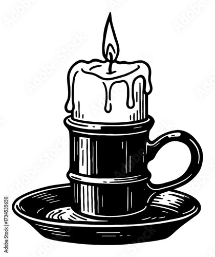 Vintage Dripping Wax Candle in Candlestick Holder Black and White Outline Line Art Drawing Engraving