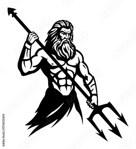 Poseidon with Trident Black and White Outline Line Art Drawing of a Powerful Mythological Sea God