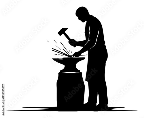 Blacksmith at Work with Hammer on Anvil Black and White Outline Line Art Drawing Simple Logo Illustration
