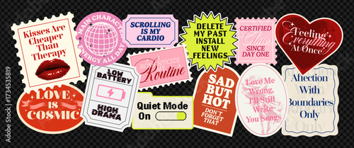 Retro aesthetic sticker kit with trendy quotes, bold typography designs, collage style labels and fun pop art phrases for scrapbooking, journalin