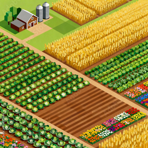 Isometric Farm with Plantation Rows