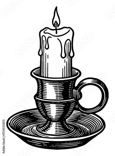 Vintage Lit Candle Holder Chamberstick Design Black and White Outline Line Art Drawing Isolated Object