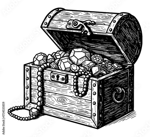 Wooden Chest Treasure Box Full of Jewelries Gems and Diamonds Black and White Outline Line Art Drawing