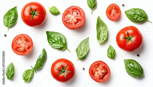 The image shows several whole red tomatoes and halved tomatoes arranged with basil leaves on a white background, along with a few peppercorns.