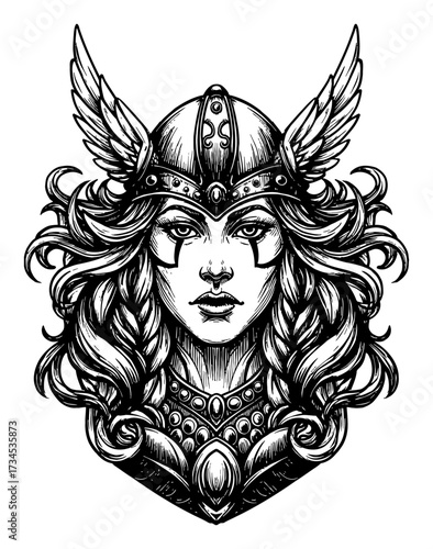 Beautiful Valkyrie Woman with Winged Helmet Black and White Outline Line Art Drawing Vector Illustration