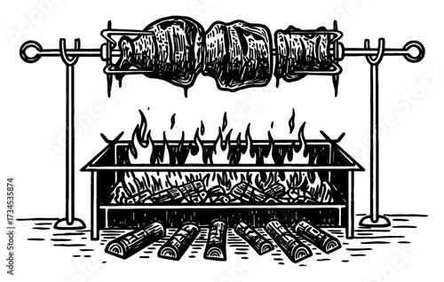 Meat Roasting on a Spit Over Open Wood Fire Barbecue Black and White Outline Line Art Drawing Vector