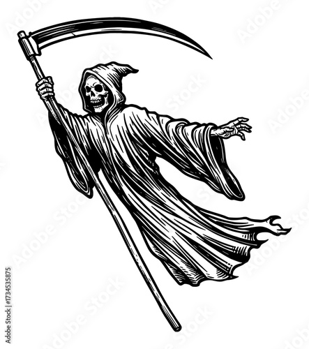 Flying Ghost Grim Reaper with Hood and Scythe Black and White Outline Line Art Drawing Vintage Illustration