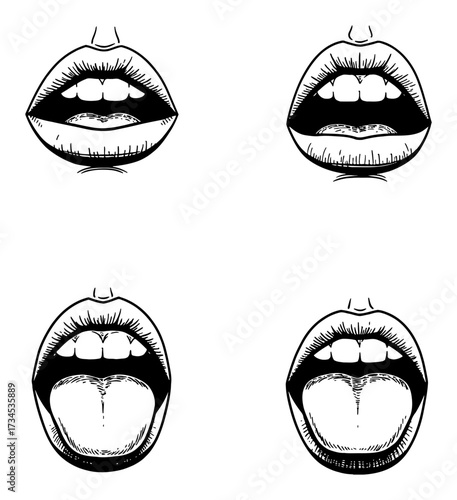 Four Mouth Expressions With Tongue Collection Set Black and White Outline Line Art Drawing Vector Illustration
