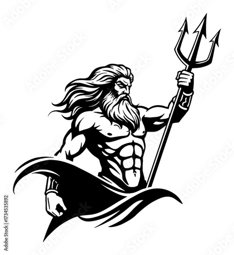 Poseidon God of the Sea Holding Trident Muscular Bearded Black and White Outline Line Art Drawing