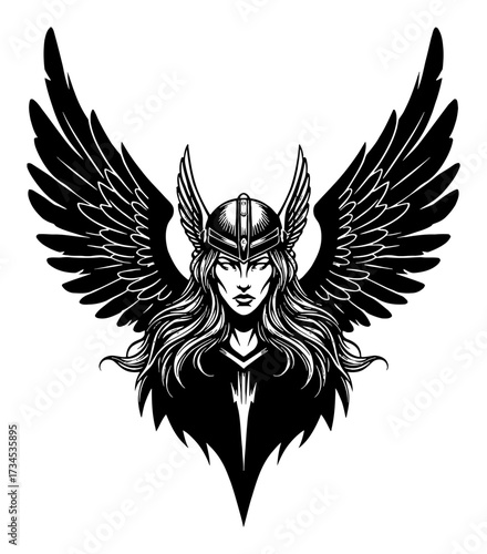 Beautiful Valkyrie with Horned Helmet and Spread Wings Logo Emblem Black and White Outline Line Art Drawing