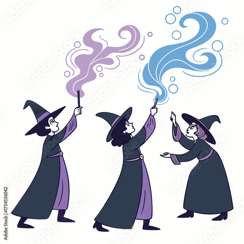 Three witches casting spells with magic wands and colorful smoke